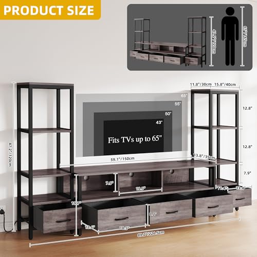 Industrial LED TV Stand for 65 Inch TVs, Bookshelves, Grey, view 4