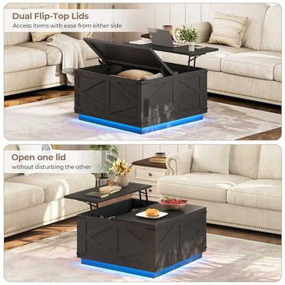Farmhouse Lift Top Coffee Table, Square Wood Center Table with LED Lighting, USB-C Charging Station, and Hidden Storage Compartment - Rustic Black Living Room Furniture