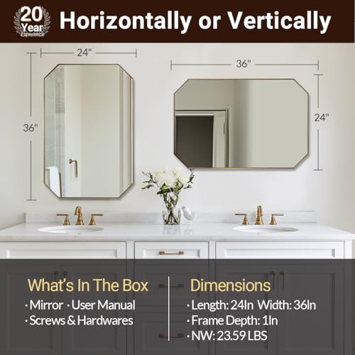 Gold Octagon Bathroom Mirror, 24x36 Inch Stainless Steel Metal Frame, Anti-Rust, Shatterproof HD Glass, Wall Mounted for Bathroom, Bedroom, Living Room