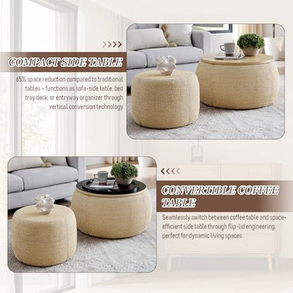 TTK Round Ottoman with Storage Set of 2, 25" Large Upholstered Storage Ottoman Set Coffee Table with Removable Wood Tray, Modern Circle Foot Stool Padded Bench Ottomans for Living Room (Natural)