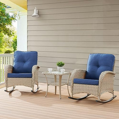 Outdoor Rocking Chairs Set of 2, Wicker Rocker Rocking Chairs for Porch, 3 Pieces Patio Furniture Sets Rocking Bistro Set with Cushions and Side Table