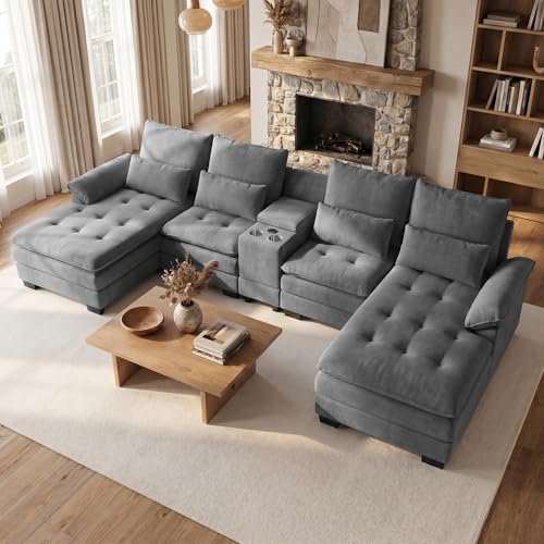 134" Oversized Grey Sectional Couches for Living Room,Fluffy Couch with Chaise Lounge&Tufted Buttons, U Shaped Living Room Sofa Set Furniture,Chenille 6 Seater Couch with Storage Console