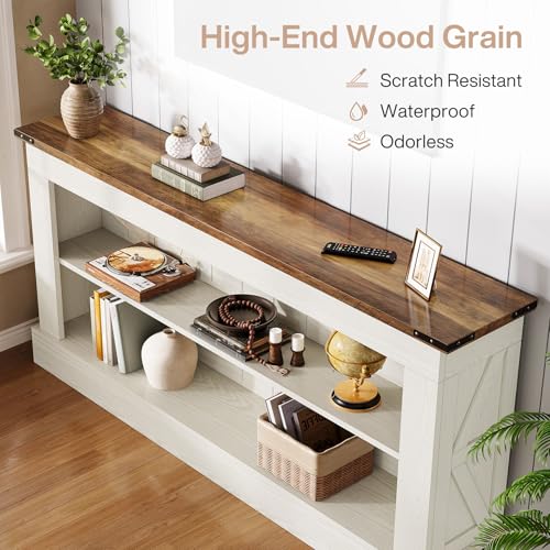 Tribesigns 63-Inch Long Console Table for Entryway, Narrow Long Entry Table with Shelves for Living Room, Farmhouse Sofa Console Behind Couch, for Foyer, Hallway, White and Brown