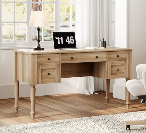 Farmhouse Executive Desk with Drawers, 56 Inch Writing Desk, Oak, view 2