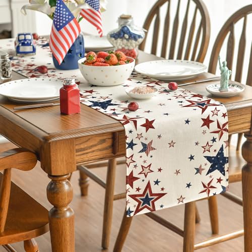Old Style Stars American Flag 4th of July Table Runner, Memorial Day Kitchen Dining Table Decoration for Home Party Decor 13x72 Inch
