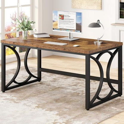 Rustic Computer Desk,55 Inch Metal Wooden Home Office Writing Desk, view 2