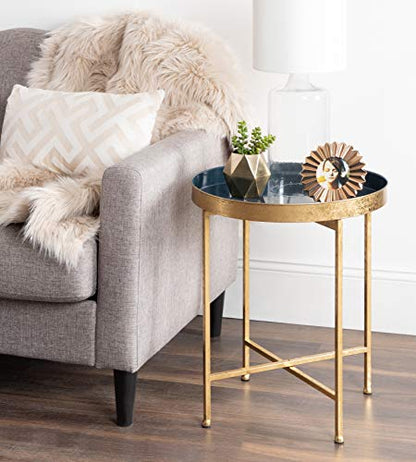 Celia Metal Foldable Round Accent Table, 18.25" x 18.25" x 22", Navy Surface and Gold Frame, Modern Minimalist Design and Detachable Magnetic Tabletop