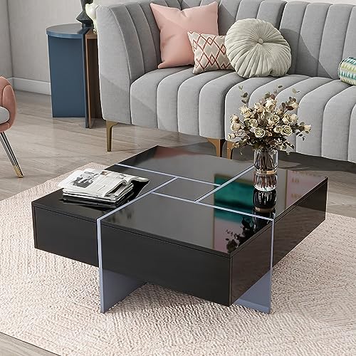 ON-TREND Unique Design Coffee Table with 4 Hidden Storage Compartments, Square Cocktail Table with Extendable Sliding Tabletop, UV High-gloss Design Center Table for Living Room, 31.5"x 31.5"