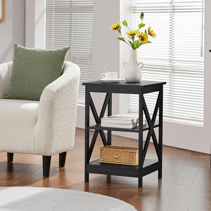 Yaheetech Black End Table Set of 2, 16x16x24 in Sturdy 3-Tier Side Tables with Storage Shelf & Solid Wood Legs, 2Pcs X-Design Modern Sofa Side Table for Living Room Office, Easy Assembly