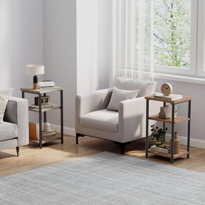 End Tables Set of 2, Small Side Table for Small Spaces, 3 Tier Tall Bedside Table with Open Shelf and Adjustable Feet for Living Room, Bedroom, Office, Dorm, Apartment, Brown