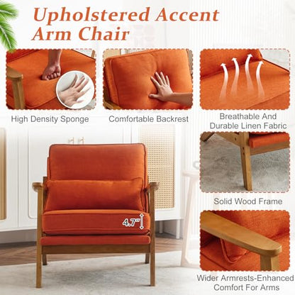 Solid Wood Wide Armrests Accent Chair,Upholstered Mid Century Modern Chair with Pillow,Comfy Reading Chair Farmhouse Arm Chair,Chairs Living Room,Bedroom,Guest Room,Linen Fabric,Burnt Orange