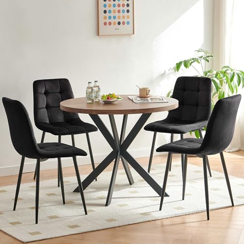 37-Inch Round Kitchen Dining Room Table Set for 4, Modern Mid-Century Brown Dining Table with Black Velvet Chairs Set, Small Dining Set for Restaurant/Dining Hall