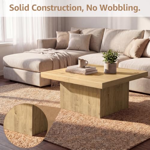 Light Walnut 35.5 Inch Square Coffee Table, Modern Organic Farmhouse Coffee Table for Living Room, Engineered Wood with Eco-Friendly Laminate Veneer Center Table, Block Base