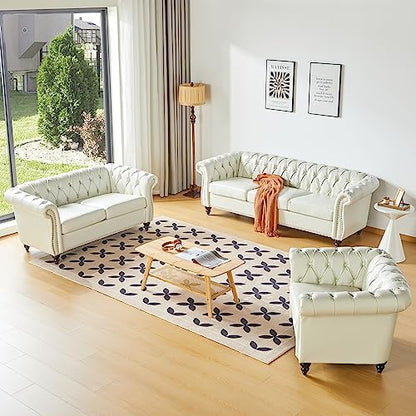 Chesterfield Chair, Modern Faux Leather Tufted Accent Sofa Couch Chair with Rolled Arms and Nailhead for Living Room, Bedroom, Office, Apartment (White)