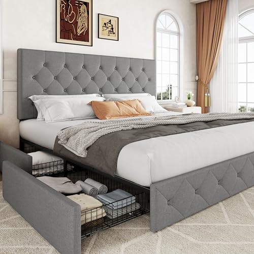 Upholstered King Size Platform Bed Frame with 4 Storage Drawers and Headboard, view 2