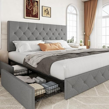 Upholstered King Size Platform Bed Frame with 4 Storage Drawers and Headboard, view 2