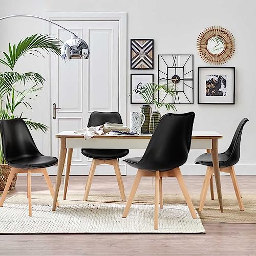 Set of 4 Dining Kitchen Mid-Century Modern Chairs with Wood Legs and PU Leather Cushion, Upholstered Seating for Living Room Bedroom Outdoor Lounge, Black