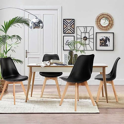 Set of 4 Dining Kitchen Mid-Century Modern Chairs with Wood Legs and PU Leather Cushion, Upholstered Seating for Living Room Bedroom Outdoor Lounge, Black