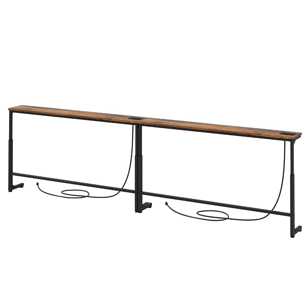 94.5" Extra Long Behind Couch Table, Adjustable Height Narrow Console Table with 2 Power Strips, Split Design for Separate Wall Use, Anti-Scratch Tip, Rustic Brown for Living Room