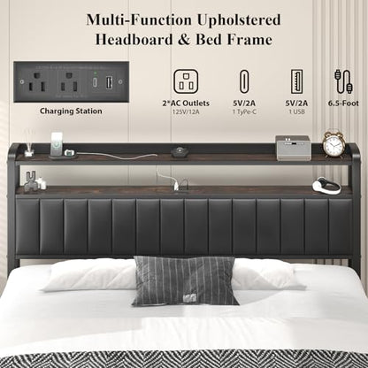 King Size Platform Bed Frame with Storage Headboard, Star Projector, Black, view 5