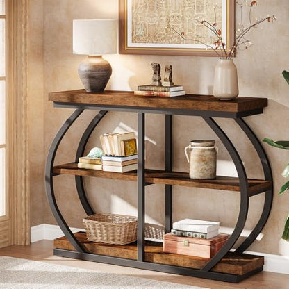 Tribesigns 41.3" Console Table, Industrial 3-Tier Entryway Table with Arched Metal Frame and Storage Shelves for Living Room, Hallway, Rustic Brown