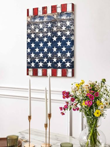 NuYeBiofx Retro Farmhouse Stars Stripes Canvas Wall Art Prints,30"x20" Framed Picture Artwork Shabby Wood Plank American Flag Printed Canvas Oil Painting for Living Room Bedroom Office,Ready to Hang