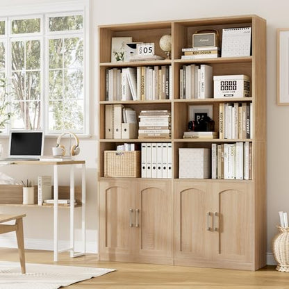 Bookshelf and Bookcase with Doors, 6 Tier Double Wide Large Bookshelves, Open Display Shelves, 73'' Tall Bookshelf with Storage Cabinets for Home Office, Living Room, Library, Oak