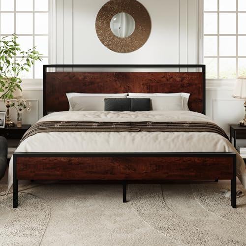 King Size Bed Frame, Heavy Duty 12 Metal Slats Support, Mahogany, view 2