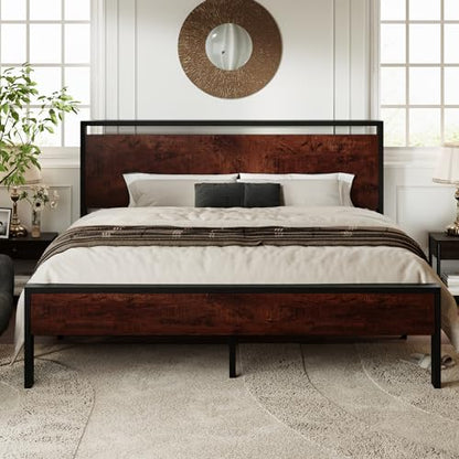 King Size Bed Frame, Heavy Duty 12 Metal Slats Support, Mahogany, view 2