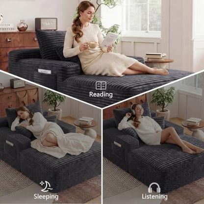 65" Oversized Boneless Chaise Lounge Chair Indoor with 3 Pillows, Grey, view 7
