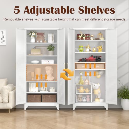 Kitchen Pantry Cabinet,75" Metal Storage Cabinet with Doors and 5 Adjustable Shelves,White Tall Locker Organizer Steel Garage Cabinets for Tool,File Cabinet for Office,Kitchen,Garage,School