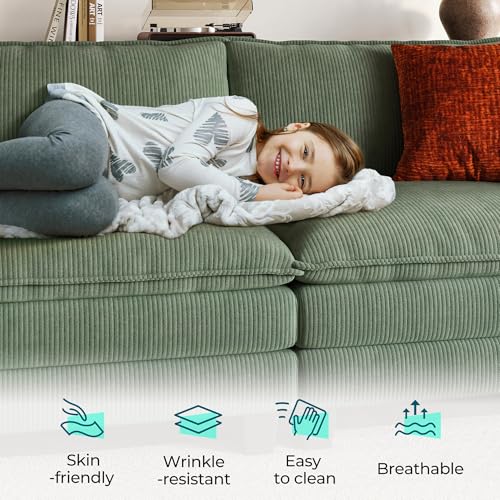 123'' Modular Sectional Sofa 3 Seat Couch Corduroy Cloud Couch with Deep Seat, Modern L-Shaped Cloud Couch with 1 Movable Ottoman for Living Room, Office, Bedroom, Green