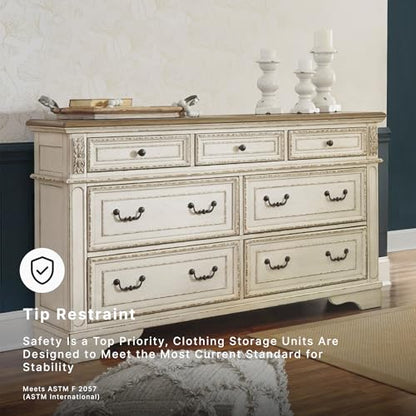Signature Design by Ashley Realyn French Country 7 Drawer Dresser, Two-Tone Chipped White and Distressed Wood Finish, Smooth-Gliding Bedroom Storage, Ideal for Master Suites, 64" W