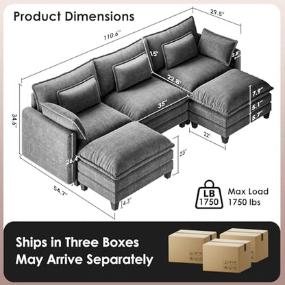 Modular Sectional Sofa 110.6" U-Shaped Modern Comfy Cloud Couch, 5-Seat Chenille Deep Seat Sofa with Throw Pillow & Movable Ottoman for Living Room, Bedroom and Apartment, Slate Gray