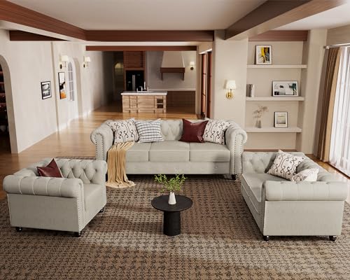 3 Piece Classic Chesterfield 6-Seater Set, Tufted Chair & Loveseat & Sofa Solid Wood Legs Thick Cushion, Pet-Friendly Couch Set Furniture for Living Room Bedroom Apartment, Linen Beige