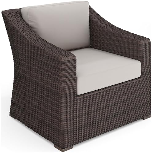 Bedford Indoor-Outdoor Patio Accent Chair with Rattan Wicker Finish in Brown with Tan All-Weather Cushions