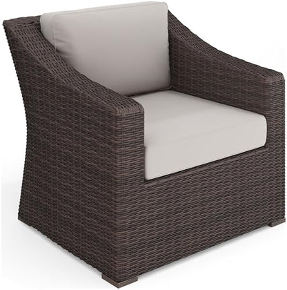 Bedford Indoor-Outdoor Patio Accent Chair with Rattan Wicker Finish in Brown with Tan All-Weather Cushions