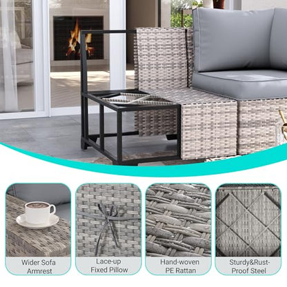 Outdoor Patio Furniture Set PE Wicker Rattan Outdoor Sectional Sofa | Patio Conversation Set with Chunky Arms Thickened Cushions & Glass Coffee Table for Garden, Backyard, Poolside, Grey
