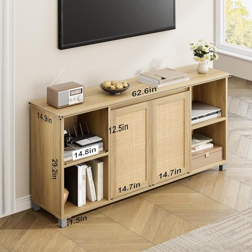 Rattan TV Stand for 65" TVs, Natural Oak Media Console, view 3