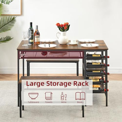 Dining Table Set for 4, Kitchen Table Set for 4 with 2 Benches, Rectangular Dining Room Table Set with Wine Rack, 3 Piece Dining Table Set for Small Space Apartment, Rustic Brown
