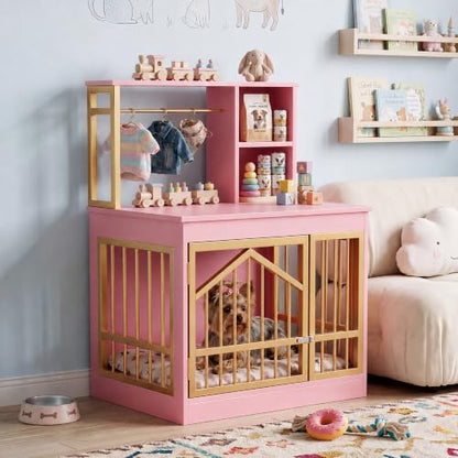 Dog Crate Furniture, Wooden Dog Kennel for Small Breed, Pink, view 2