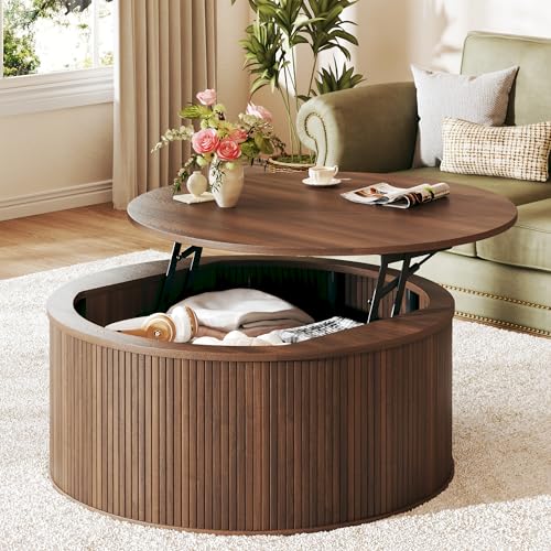 Round Coffee Table with Storage, 31.5" Lift Top Coffee Table, Mid Century Modern Coffee Tables for Living Room, Apartment Office, Fluted Table with Rustic Wood Desktop, Walnut