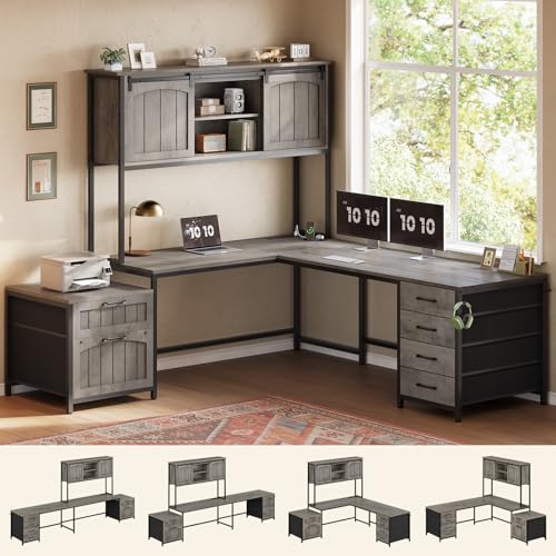 Farmhouse L Shaped Office Desk with 6 Drawer, Reversible Computer Desk with Power Outlet, Hutch for Home Office/Two Person, Corner Desk with File Drawer & Printer Storage Shelves, Grey