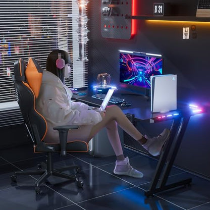 55 Inch Gaming Desk Z Shaped Carbon Fiber Computer Desk with LED, view 3