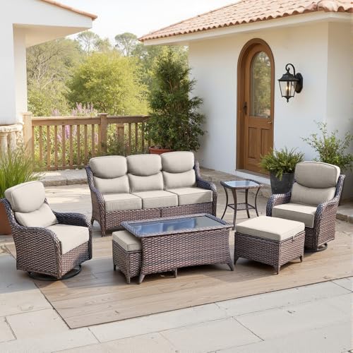 Luxury 6" Thick Cushioned 7 Pieces Patio Furniture Set with Outdoor Couch, Wicker Outdoor Conversation Set with High Back Swivel Rocker Chairs for Deck Porch Yard and Poolside - Brown+Beige