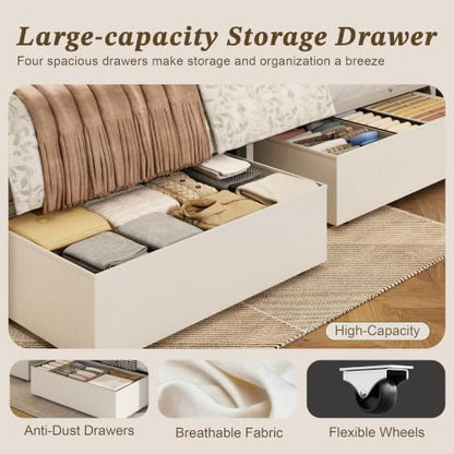 Queen Bed Frame with 4 Drawers, Upholstered Headboard with Storage, view 7