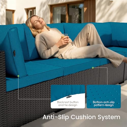 Patio Furniture Set - All-Weather - 7 Piece Patio Outdoor Conversation Set, Modular Wicker Rattan Sectional Sofa for Backyard, Garden, Poolside, Balcony, Porch, Patio,Black/Peacock Blue