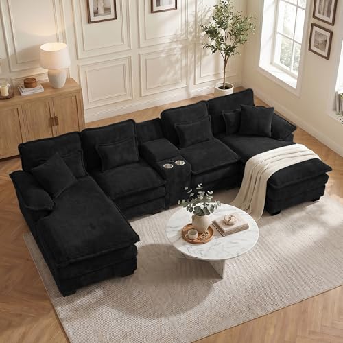 133" Oversized U Shaped Cloud Couch Modular Sectional Couches for Living Room Comfy Chenille Deep Seat Sofa Set with Double Chaise Lounge, Storage Central Console, Cup Holders, USB Port, Dark Black