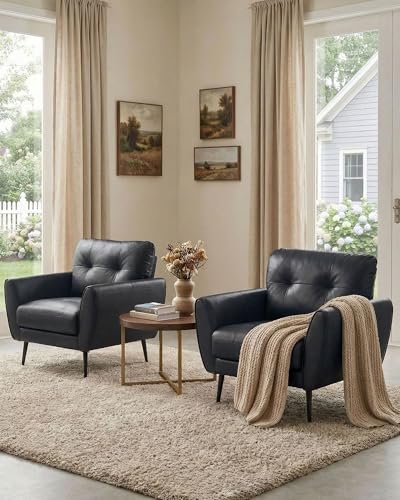 Black Leather Accent Chairs Set of 2, Tufted Reading Chairs for Living Room | Faux Leather Upholstery, Leather Armchairs, Mid-Century Modern, Tufted Design, Office, Bedroom, Salon, Reception