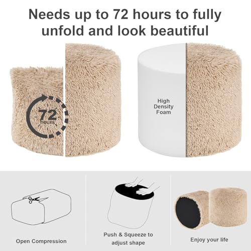 Round Pouf Ottoman Foot Rest, Footstool, Brown | High-Density One-Piece Foam, 17 x 14 Inch, Firm & Stable, for Couch, Bedroom, Living Room, Machine Washable Cover